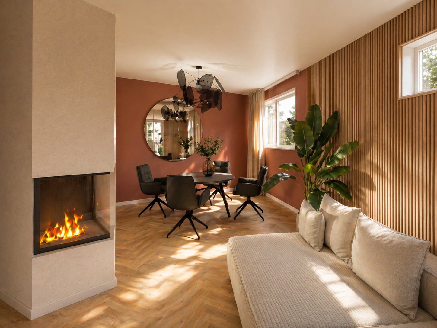 Essbereich mit Kamin, warmen Rosttönen und Holzlamellenwand im privaten Wohnhaus in Oberwesel