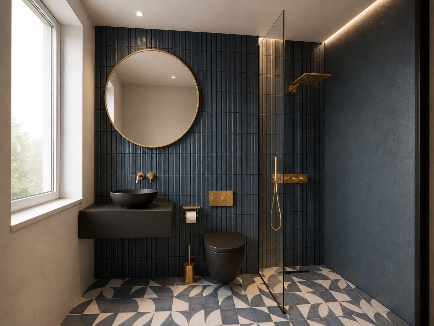 Modernes Gästebad mit dunkelblauen Fliesen, goldenen Armaturen und bodengleicher Dusche im Einfamilienhaus Oberwesel