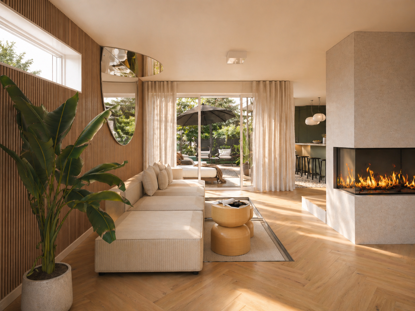Modernes Wohnzimmer mit Kamin, Fischgrätparkett, Holzlamellenwand und Blick zur Terrasse im Wohnhaus in Oberwesel – Innenarchitektur von Zweiheit