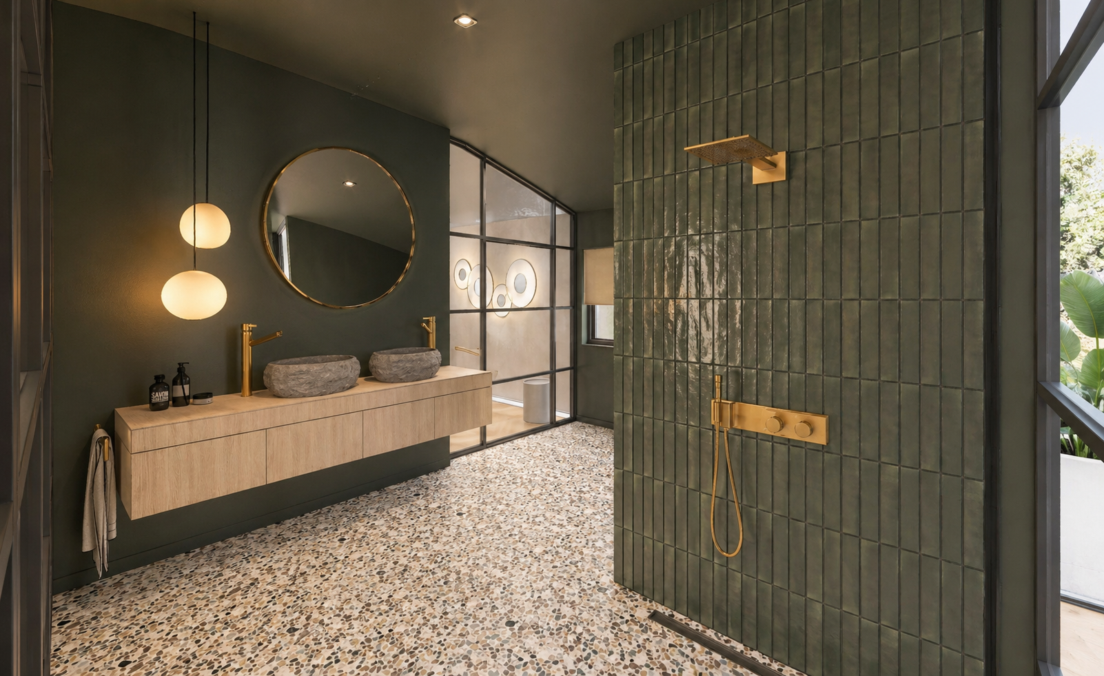 Modernes Badezimmer mit grünen Fliesen, freistehendem Waschtisch und goldenen Armaturen im Wohnhaus Oberwesel