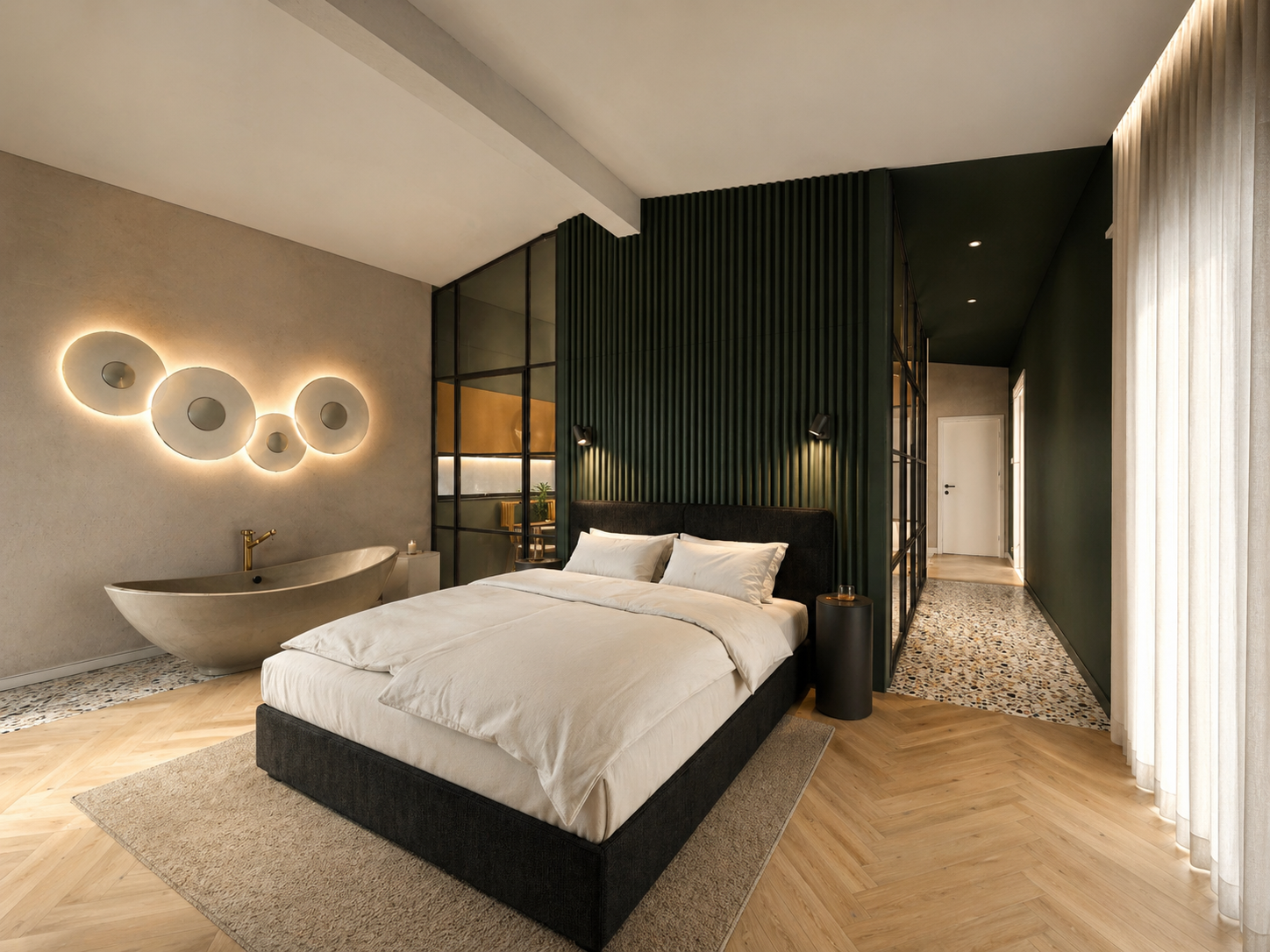 Offenes Schlafzimmer mit freistehender Badewanne, dunkler Wandgestaltung und Fischgrätparkett im Wohnhaus Oberwesel